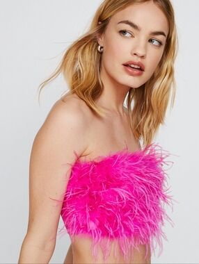 Nasty Gal On The Fly Feather Bandaeu Crop Top Size 6 Hot Pink Fuscia